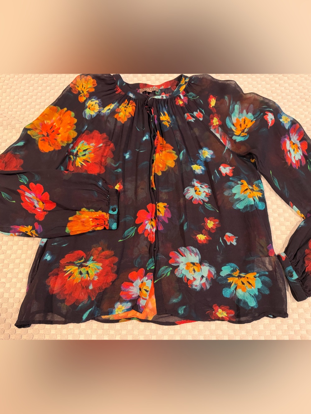 Lilla | P Floral Black Sheer Blouse with Vibrant Multi-Color Flowers Size M EUC